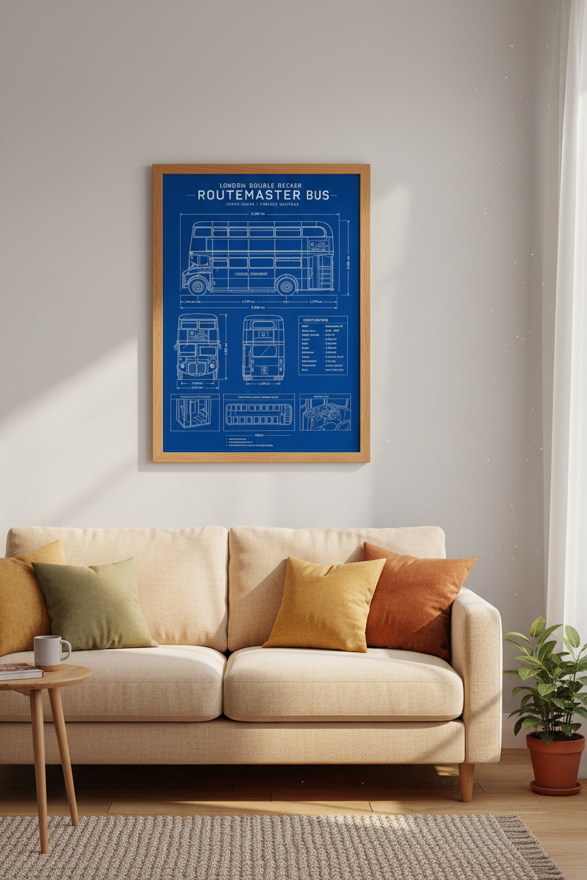 London Bus Blueprint Wall Art | Vintage Routemaster Poster, Office Decor
