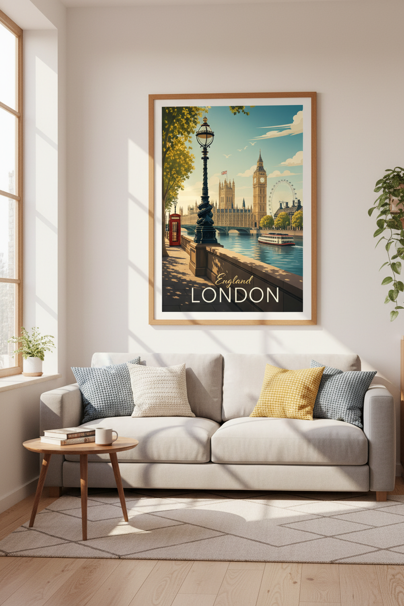 London England Travel Poster | Vintage Style Cityscape Art, Living Room Wall Decor
