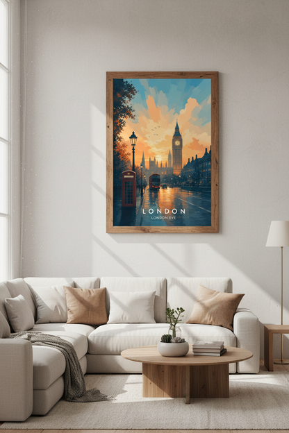 London Big Ben Sunset Art | Vintage Oil Style, Travel Poster Print