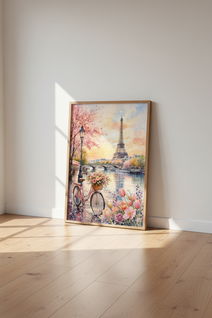Paris Eiffel Tower Watercolor Print | Pink Floral Cityscape, Romantic Bedroom Wall Art