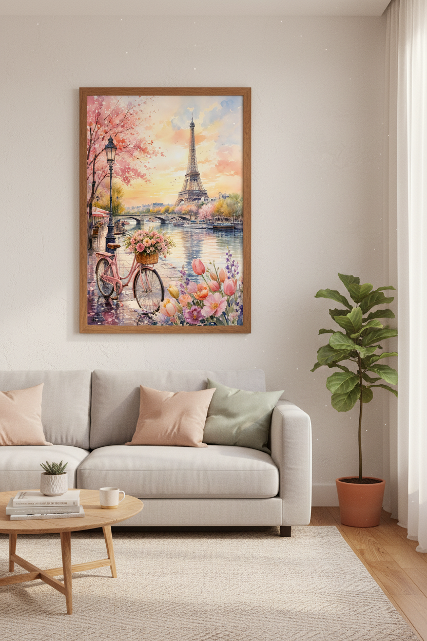 Paris Eiffel Tower Watercolor Print | Pink Floral Cityscape, Romantic Bedroom Wall Art