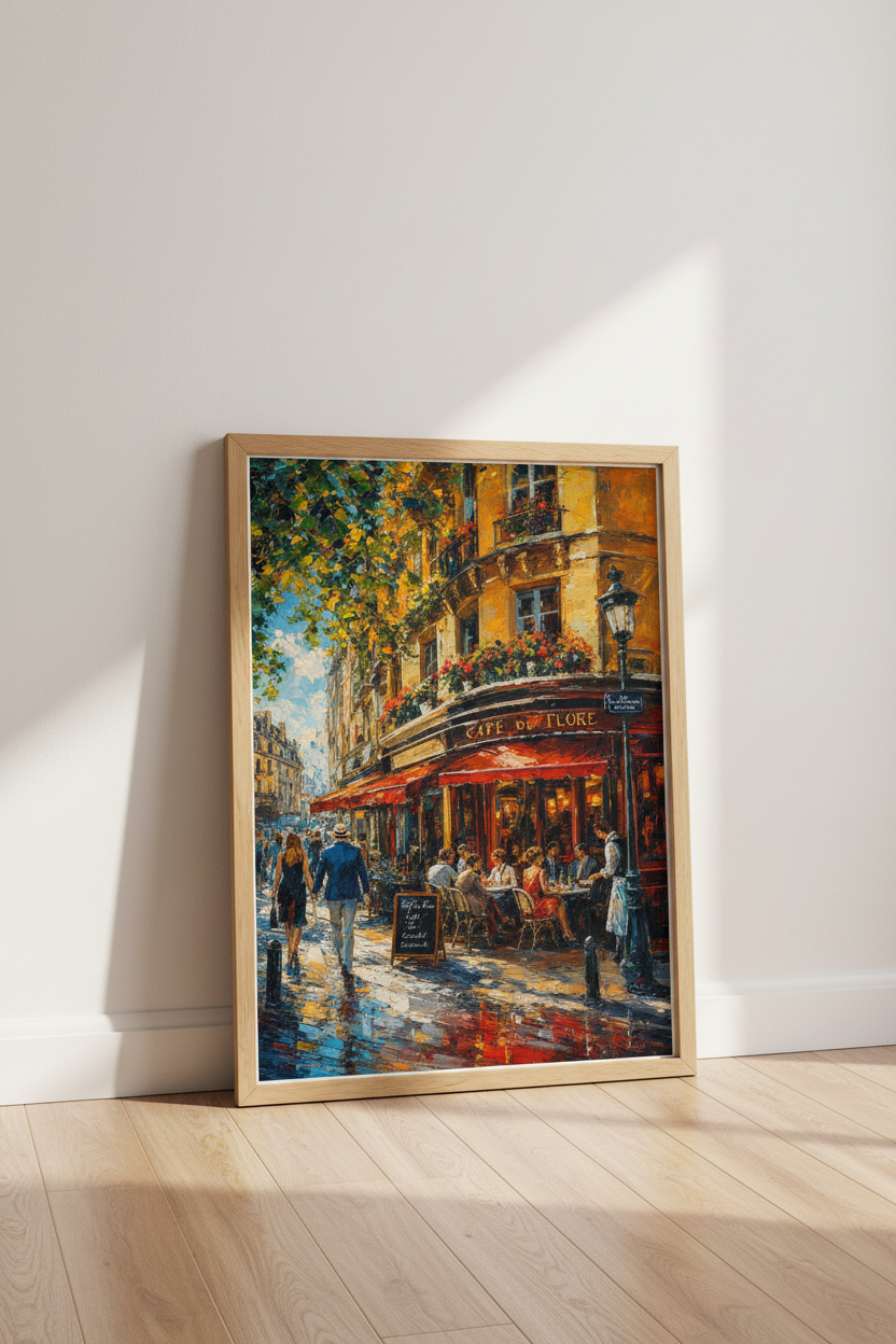 Paris Cafe de Flore Wall Art | Impressionist Oil Painting, Living Room Decor