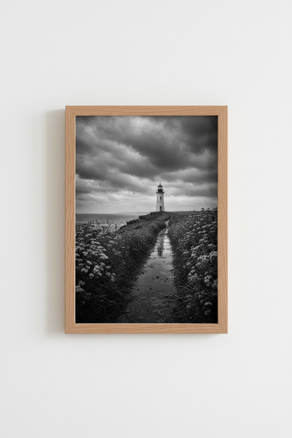 Lighthouse Wall Art Print | Black and White Coastal Decor | Moody Nautical Poster