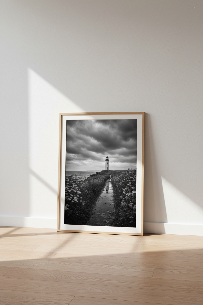 Lighthouse Wall Art Print | Black and White Coastal Decor | Moody Nautical Poster