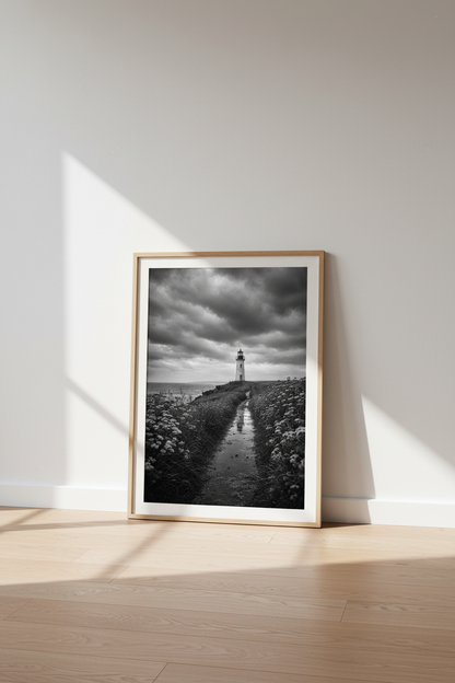 Lighthouse Wall Art Print | Black and White Coastal Decor | Moody Nautical Poster