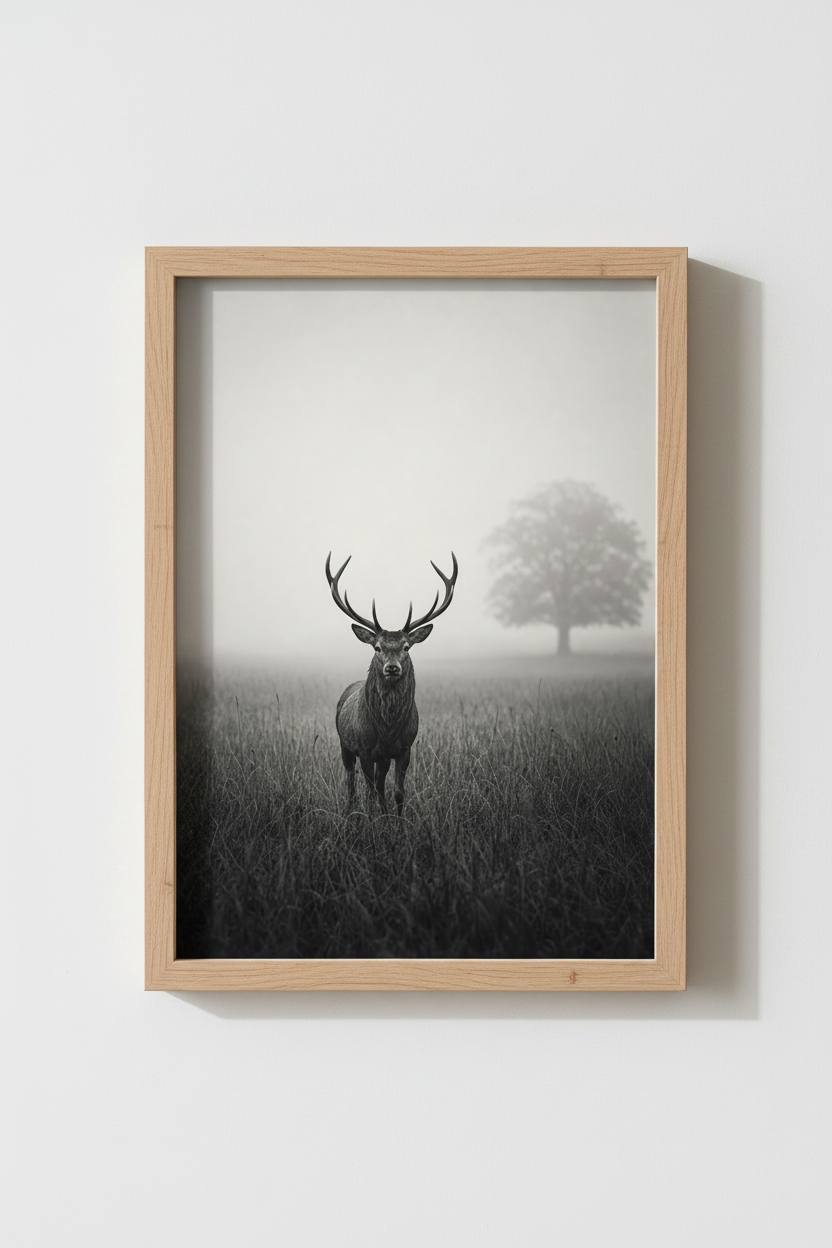 Rustic Deer Wall Art Print | Cabin Decor | Moody Black and White Photography Poster