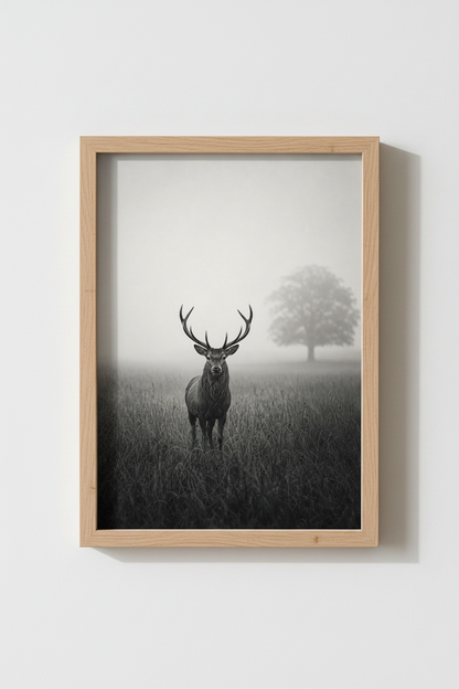 Rustic Deer Wall Art Print | Cabin Decor | Moody Black and White Photography Poster