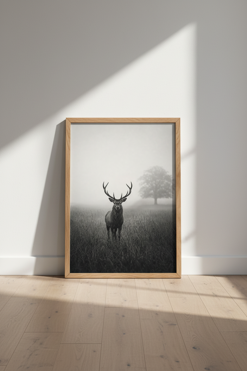 Rustic Deer Wall Art Print | Cabin Decor | Moody Black and White Photography Poster