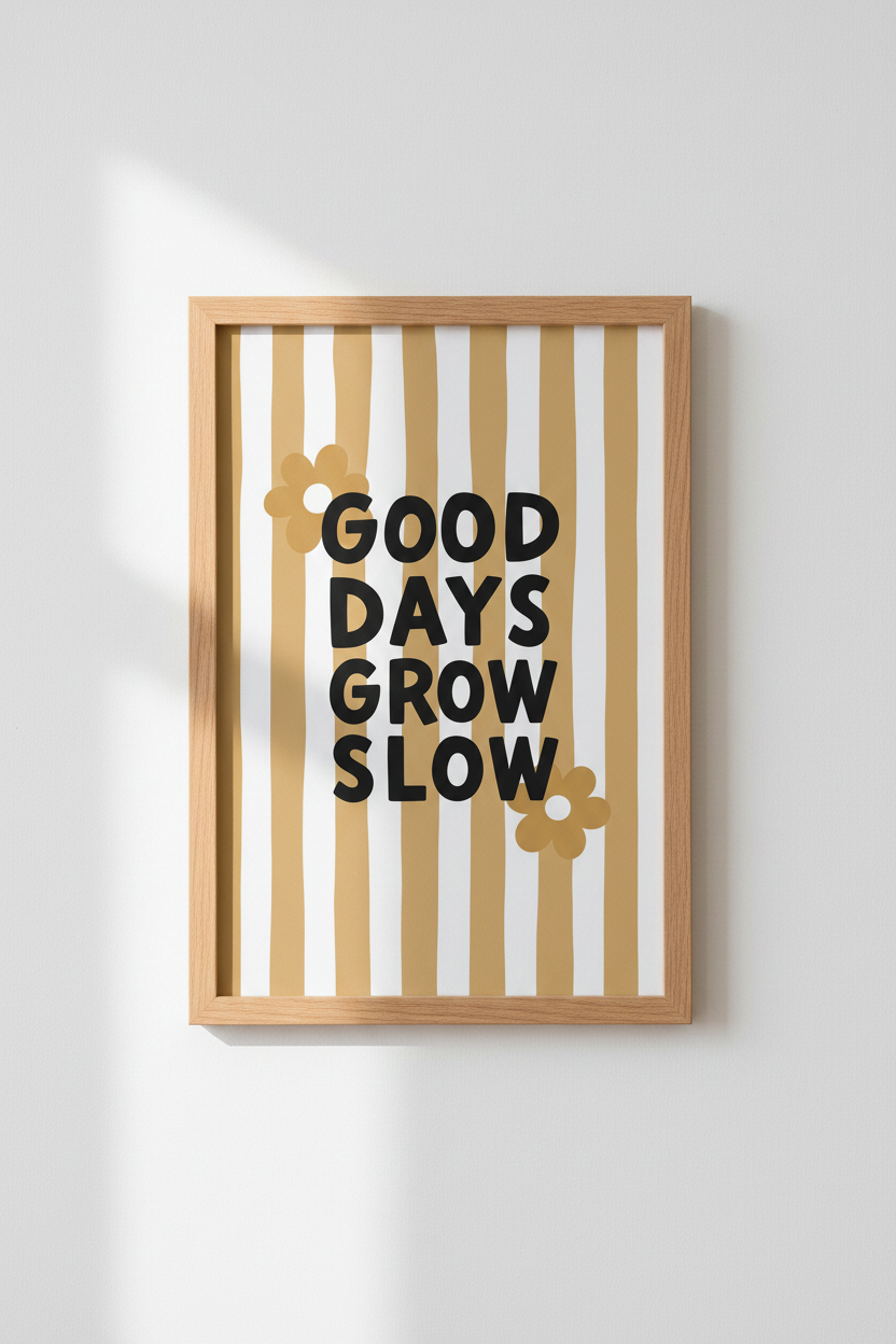 Good Days Grow Slow | Retro Floral Ochre Stripes, Bedroom &amp; Office Decor