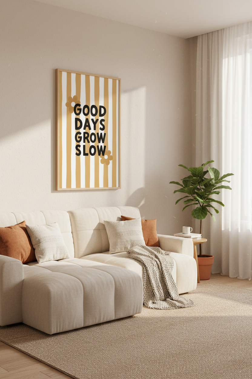 Good Days Grow Slow | Retro Floral Ochre Stripes, Bedroom &amp; Office Decor