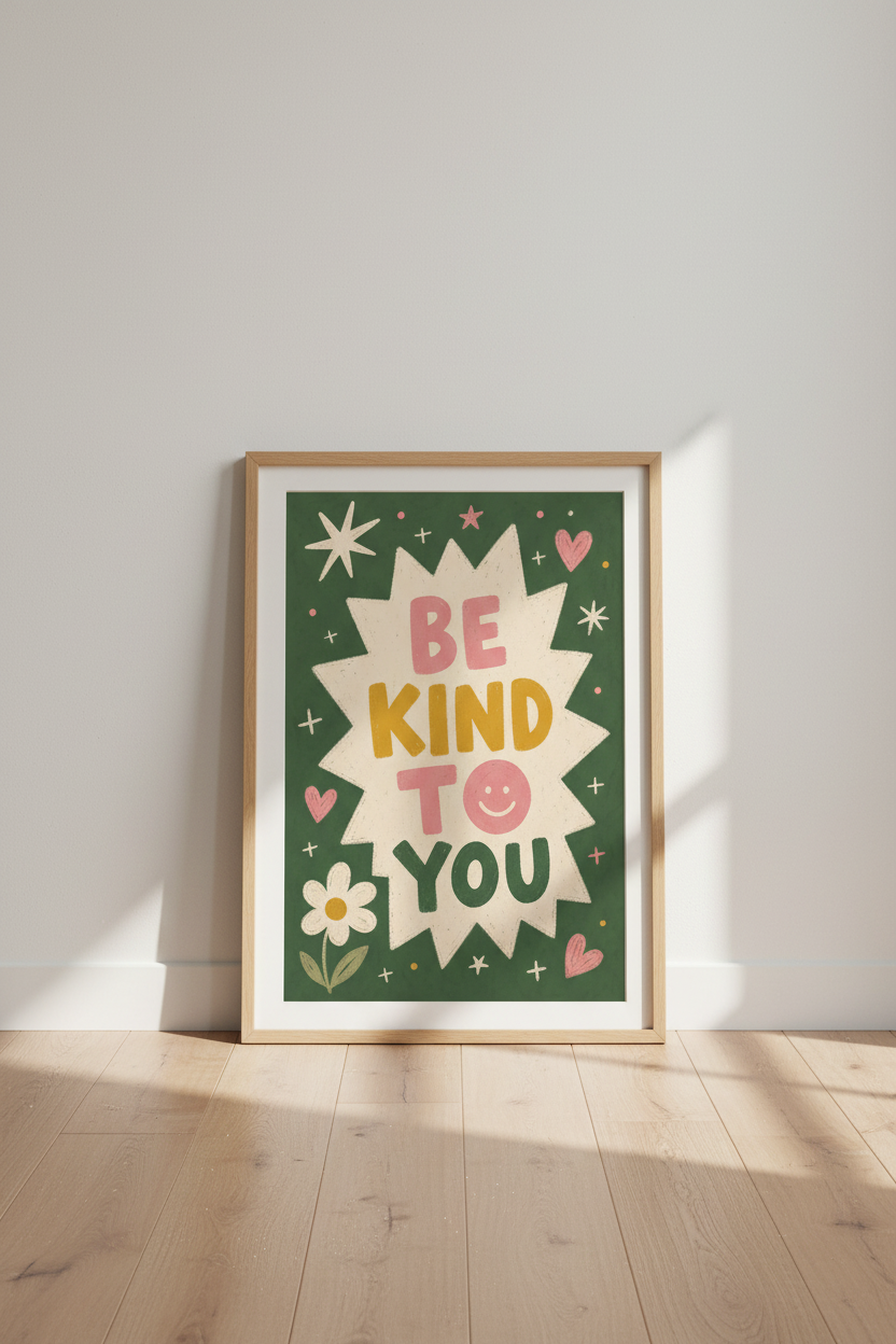 Be Kind Wall Art | Retro Green Rose Palette, Living Room Decor