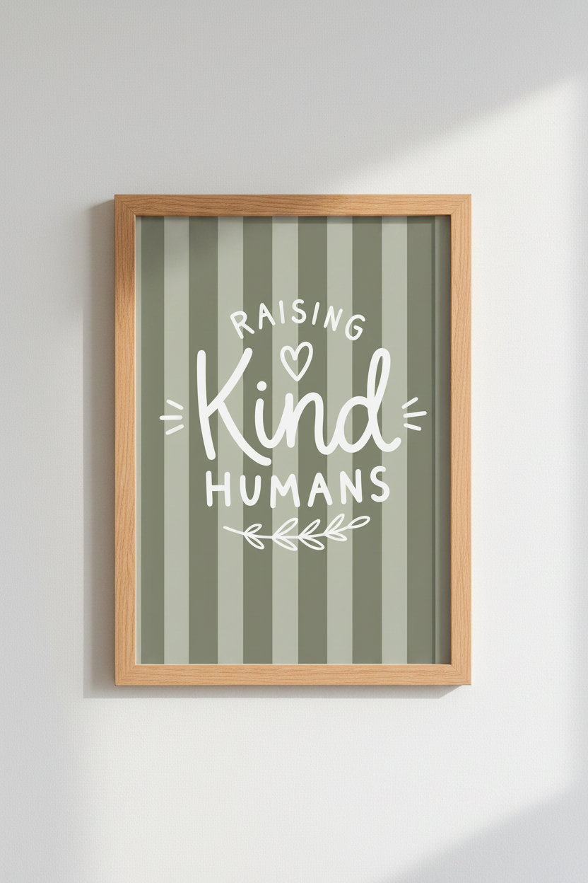 Raising Kind Humans Wall Art | Sage Green Nursery Decor | Boho Stripes Poster