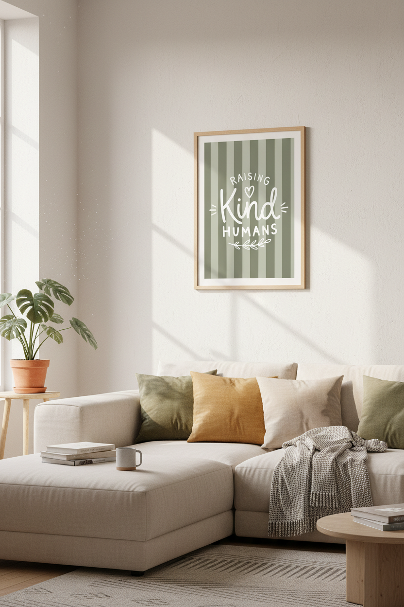 Raising Kind Humans Wall Art | Sage Green Nursery Decor | Boho Stripes Poster