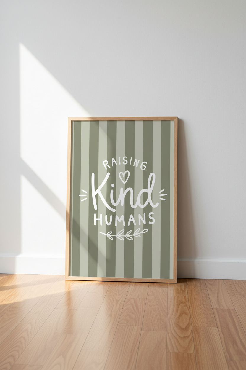 Raising Kind Humans Wall Art | Sage Green Nursery Decor | Boho Stripes Poster