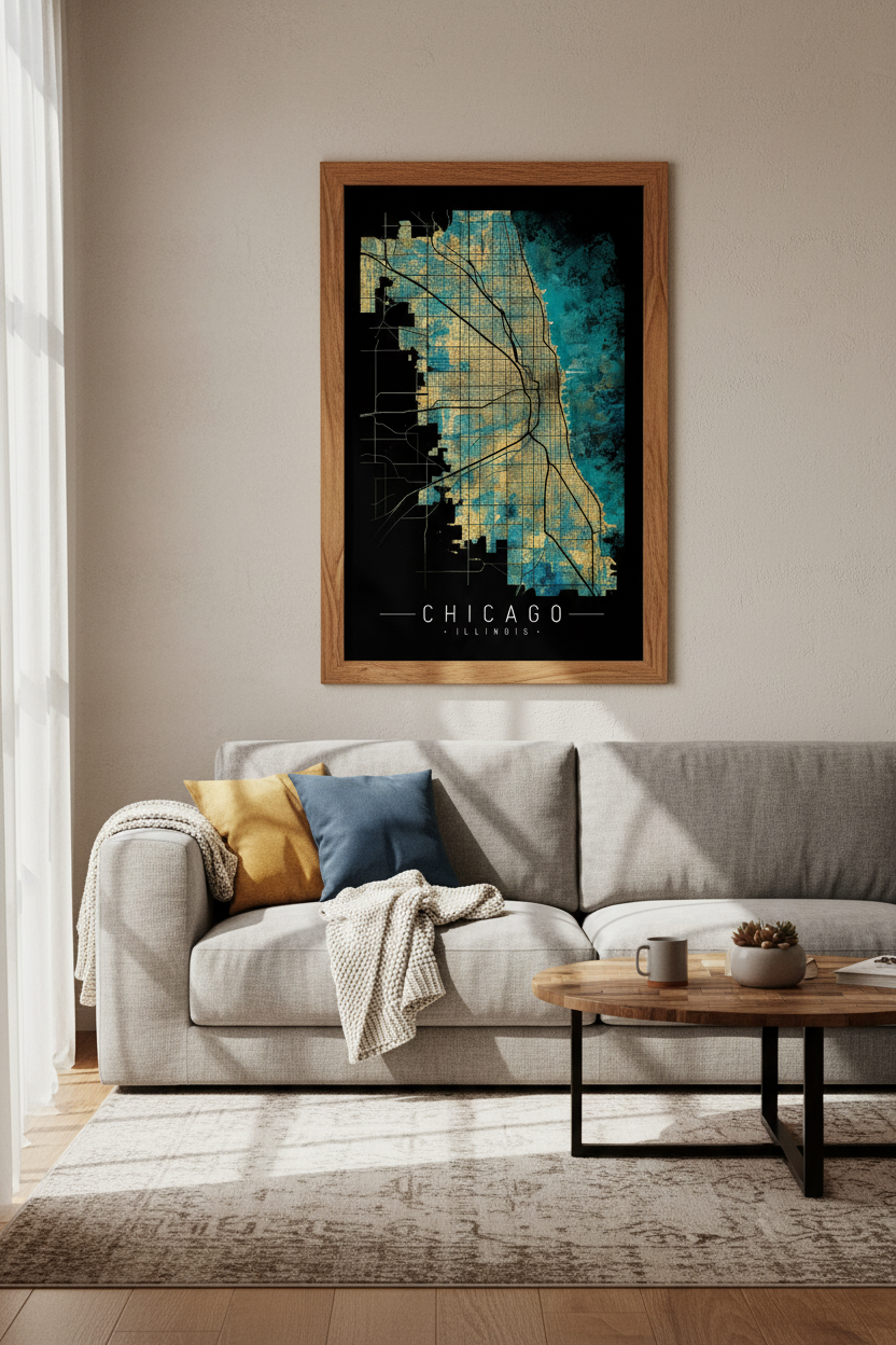 Chicago City Map Wall Art | Teal &amp; Gold Abstract Poster, Office Home Decor