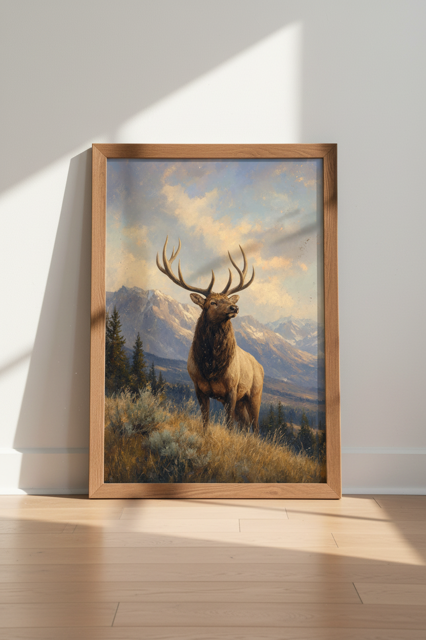 Majestic Elk Mountain Oil Painting | Rustic Lodge Decor | Wildlife Poster