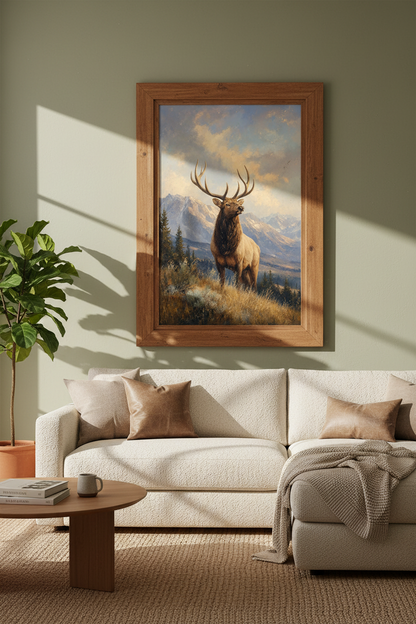 Majestic Elk Mountain Oil Painting | Rustic Lodge Decor | Wildlife Poster