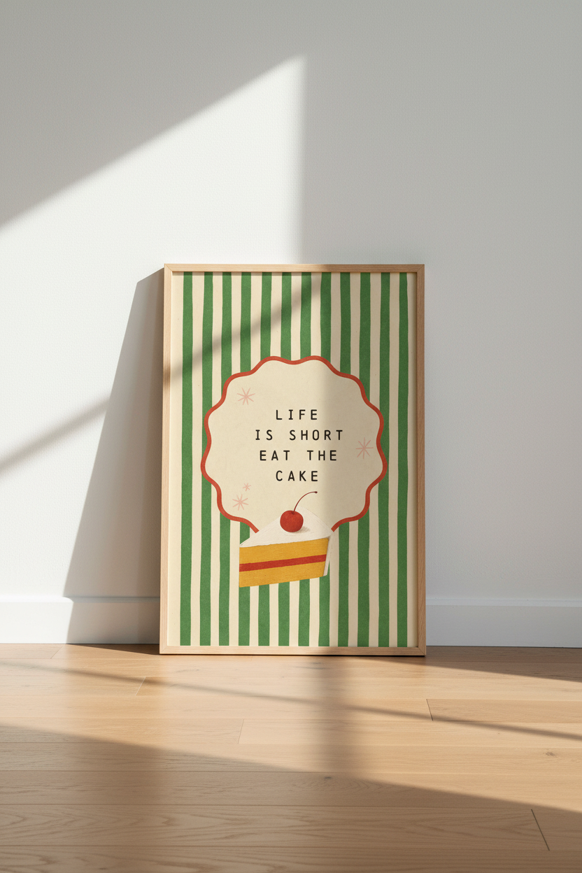 Life is Short Eat the Cake Print | Retro Green Striped Wall Art | Kitchen Decor Poster