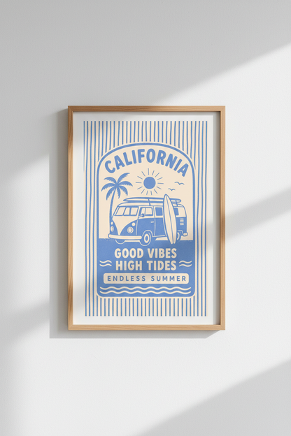 California wall art | Retro surf vibe, living room decor | Endless Summer poster