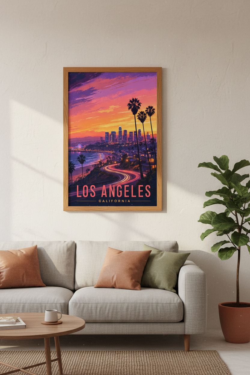 Los Angeles Skyline Travel Poster | Retro Sunset Art, California Coastal Wall Decor