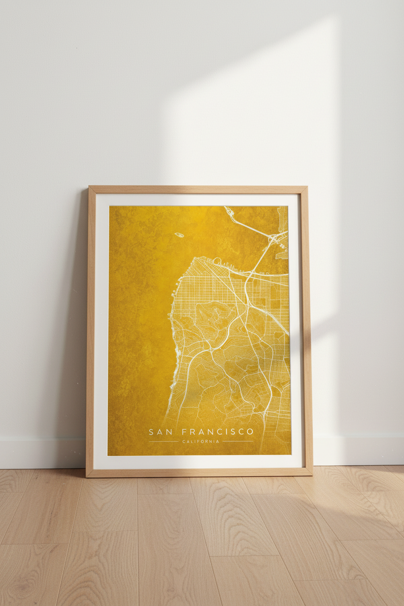 San Francisco City Map | Gold &amp; White Minimalist Poster, Modern Living Room Art