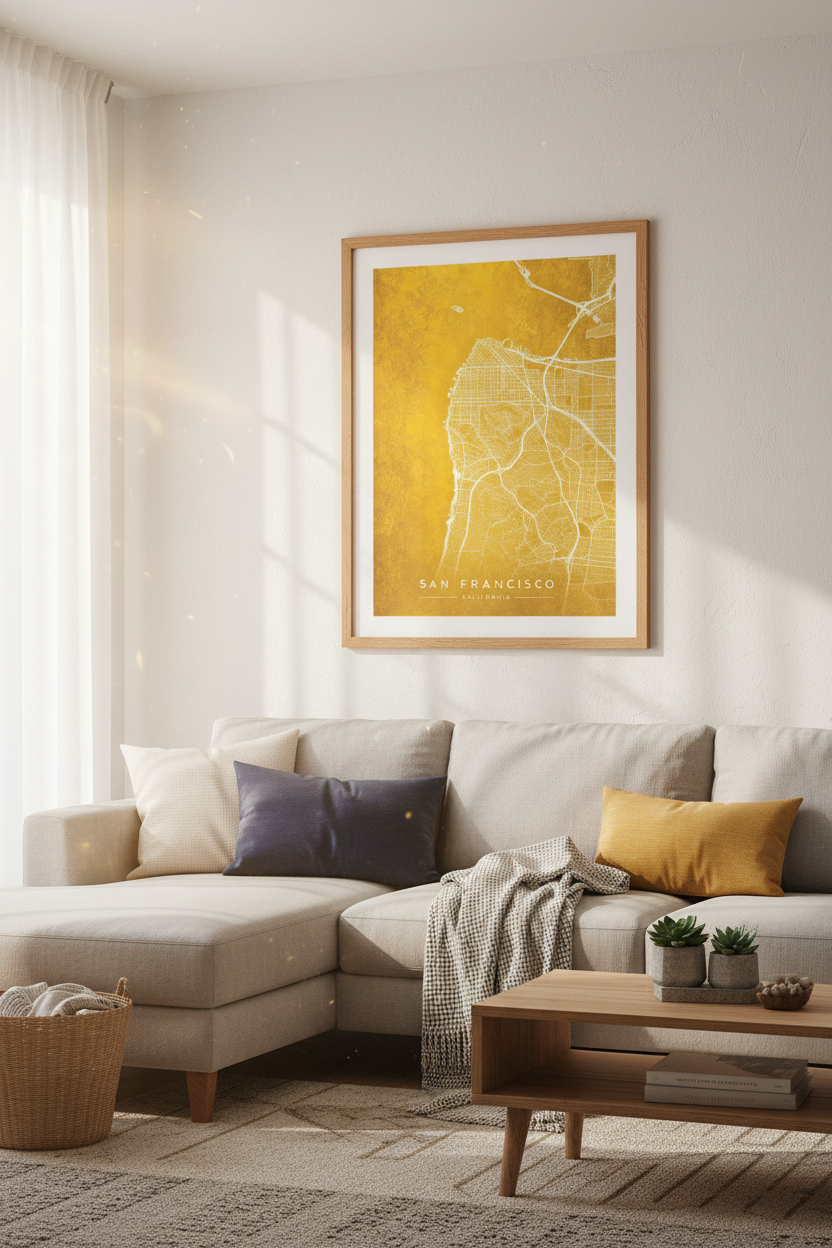 San Francisco City Map | Gold &amp; White Minimalist Poster, Modern Living Room Art