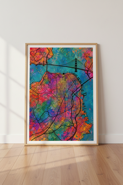 San Francisco Map Art | Colorful Abstract Watercolor, Golden Gate Bridge Poster