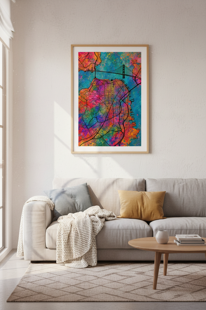 San Francisco Map Art | Colorful Abstract Watercolor, Golden Gate Bridge Poster
