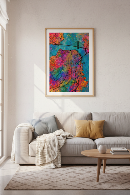 San Francisco Map Art | Colorful Abstract Watercolor, Golden Gate Bridge Poster