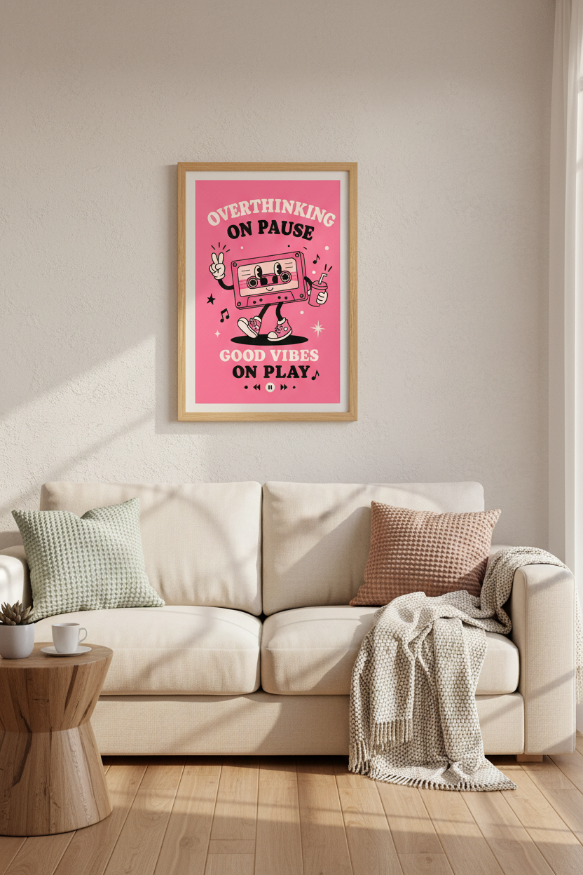Retro Cassette Tape Wall Art | Pink Positive Quote Poster, Bedroom Decor