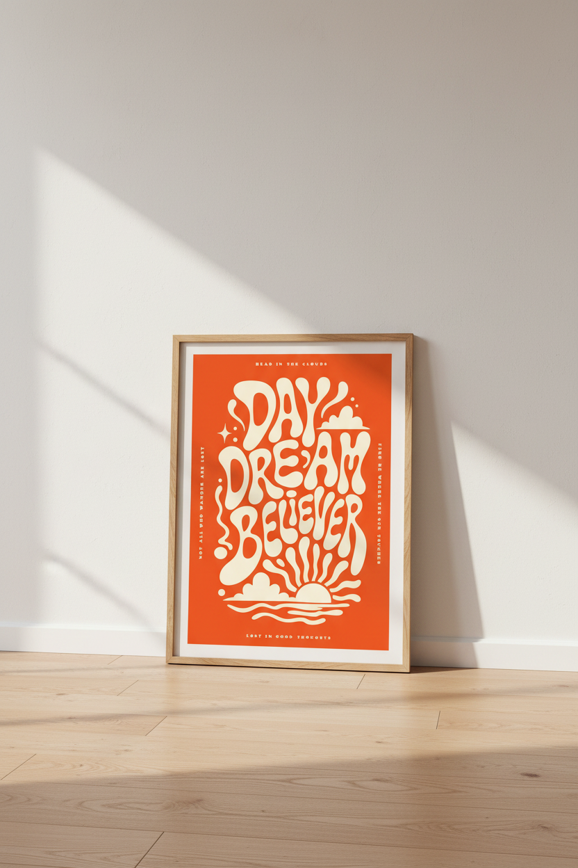 Daydream Believer Retro Wall Art | Orange Groovy Typography Print, Aesthetic Dorm Decor