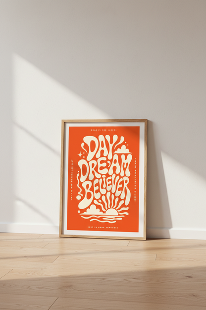 Daydream Believer Retro Wall Art | Orange Groovy Typography Print, Aesthetic Dorm Decor