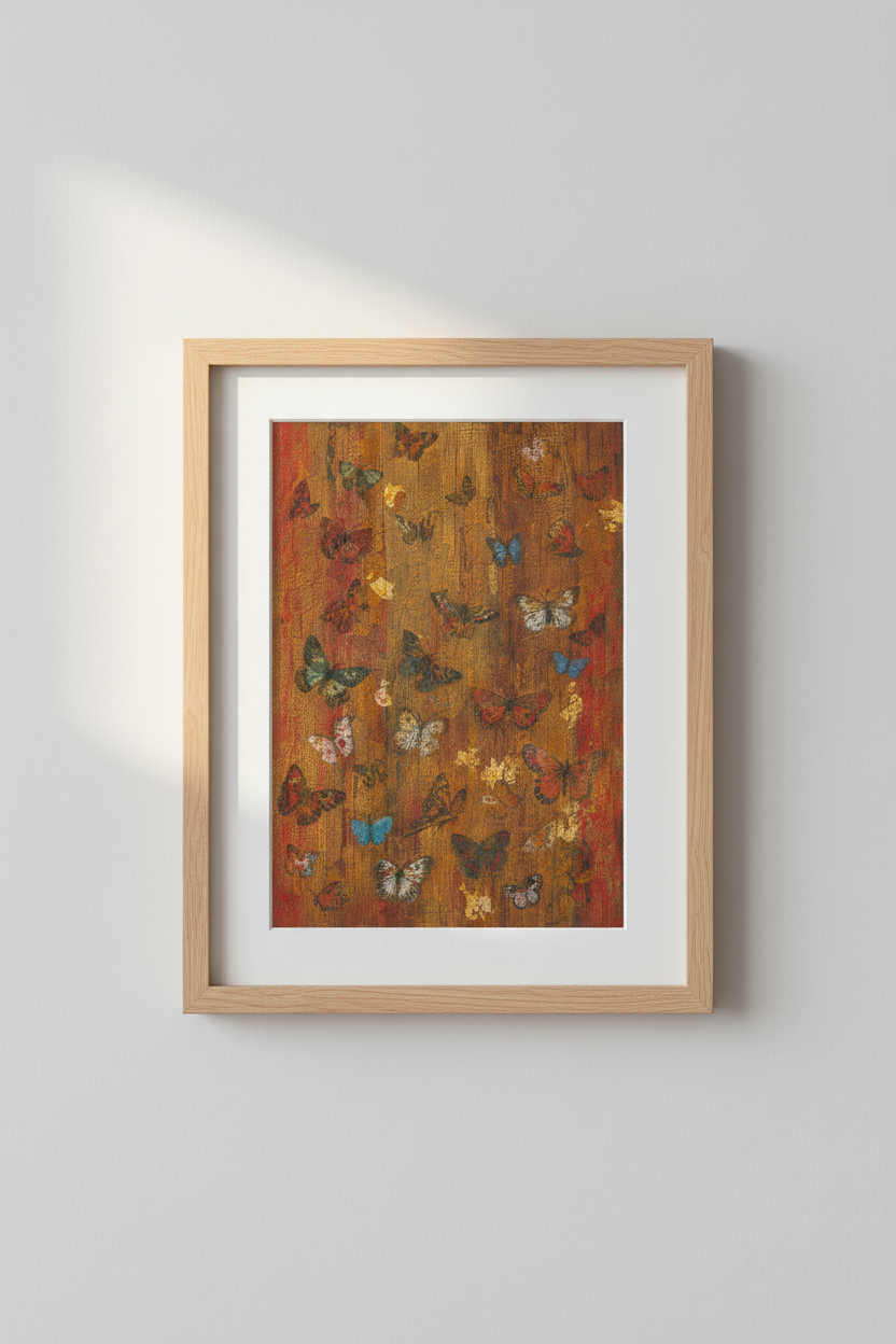 Butterfly wall art | Rustic orange tones, wood-grain backdrop | Living room decor