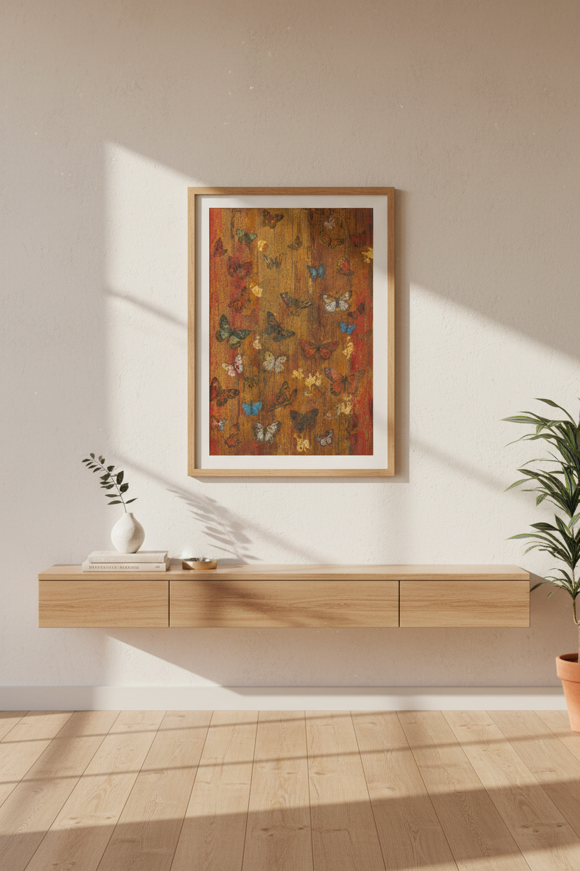 Butterfly wall art | Rustic orange tones, wood-grain backdrop | Living room decor
