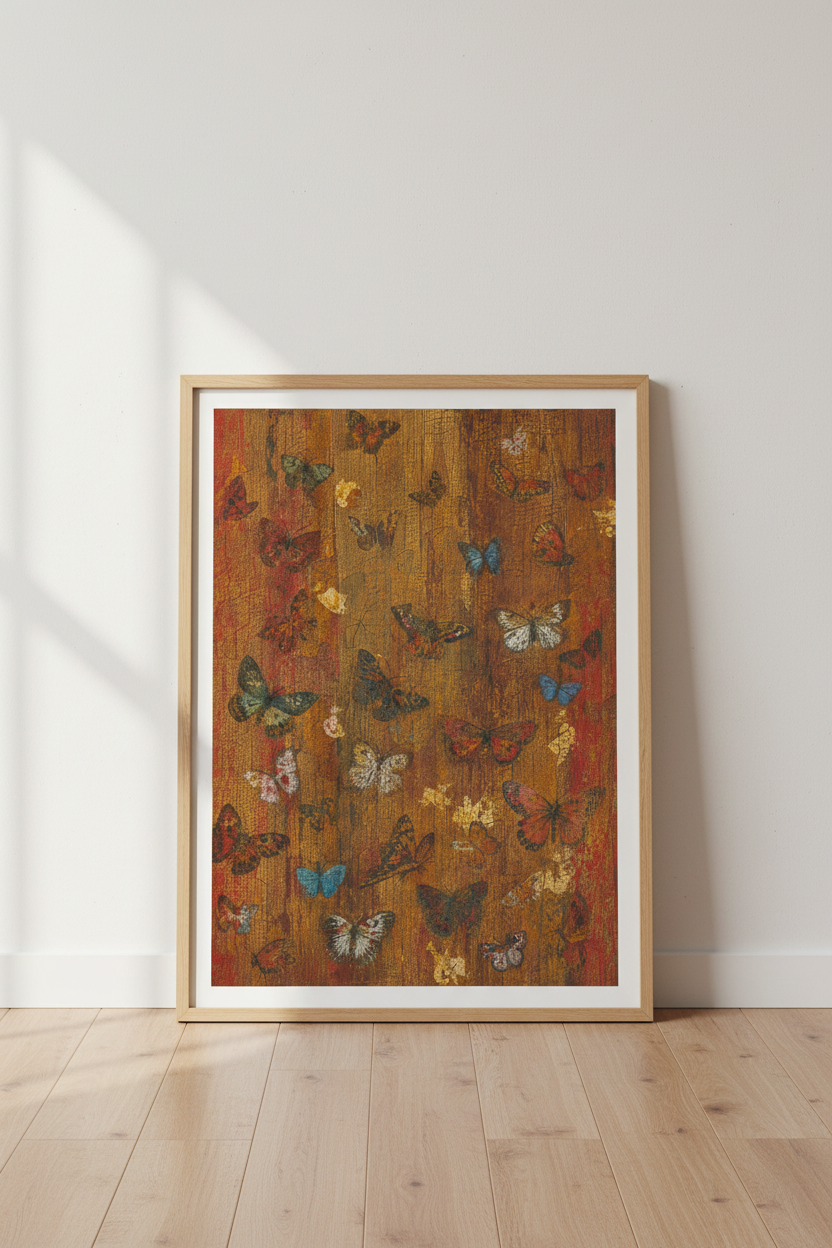 Butterfly wall art | Rustic orange tones, wood-grain backdrop | Living room decor