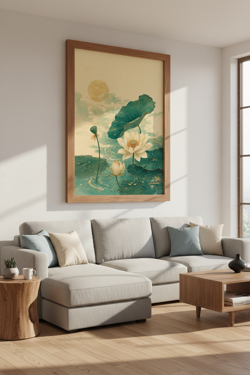 Lotus Flower Wall Art | Teal &amp; Gold Japanese Zen Poster | Living Room Decor