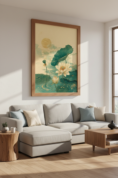 Lotus Flower Wall Art | Teal &amp; Gold Japanese Zen Poster | Living Room Decor