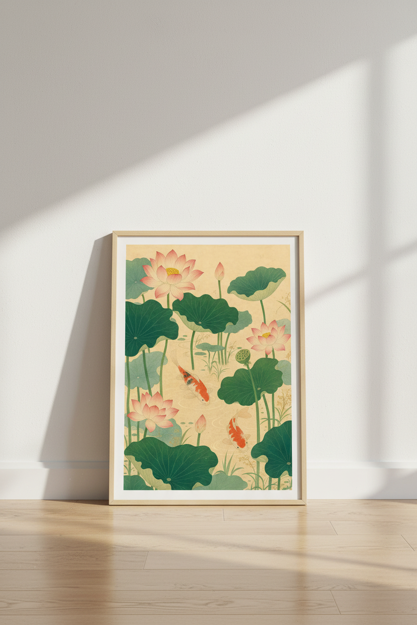 Koi Fish &amp; Lotus Wall Art | Japanese Style Floral Decor | Zen Pond Poster