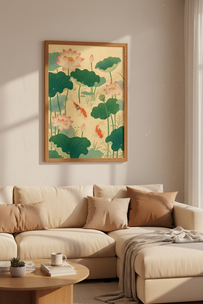 Koi Fish &amp; Lotus Wall Art | Japanese Style Floral Decor | Zen Pond Poster