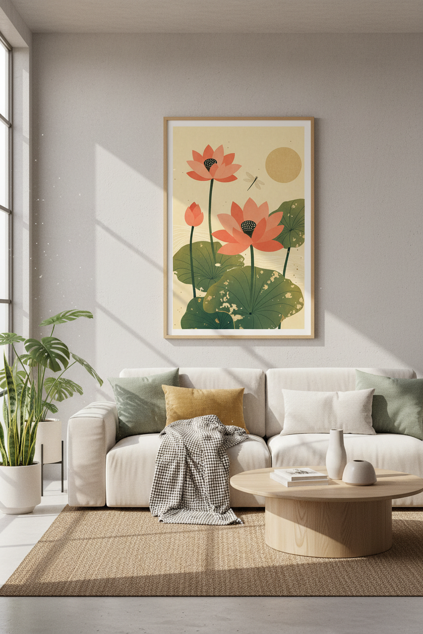 Japanese Lotus Flower Wall Art | Pink &amp; Green Zen Decor | Japandi Poster