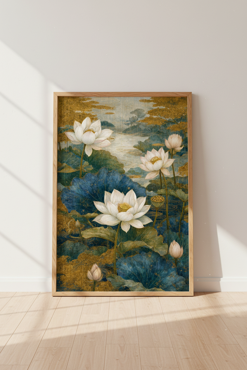 Japanese Lotus Pond Wall Art | Teal &amp; Gold Floral Print | Zen Living Room Decor