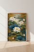 Japanese Lotus Pond Wall Art | Teal & Gold Floral Print | Zen Living Room Decor