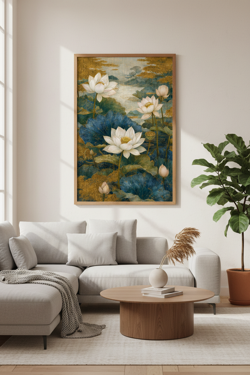 Japanese Lotus Pond Wall Art | Teal &amp; Gold Floral Print | Zen Living Room Decor