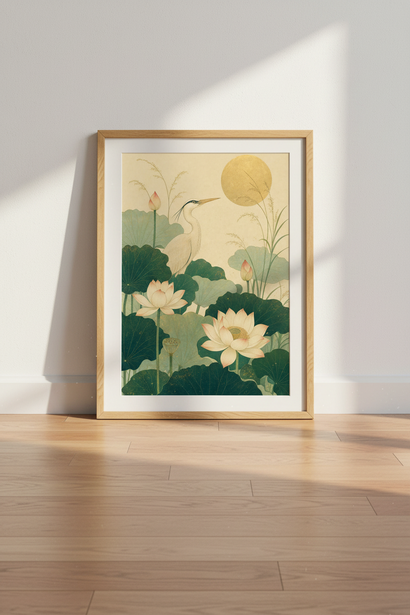 Japanese Heron &amp; Lotus Wall Art Print | Zen Gold Sun Decor | Vintage Asian Poster