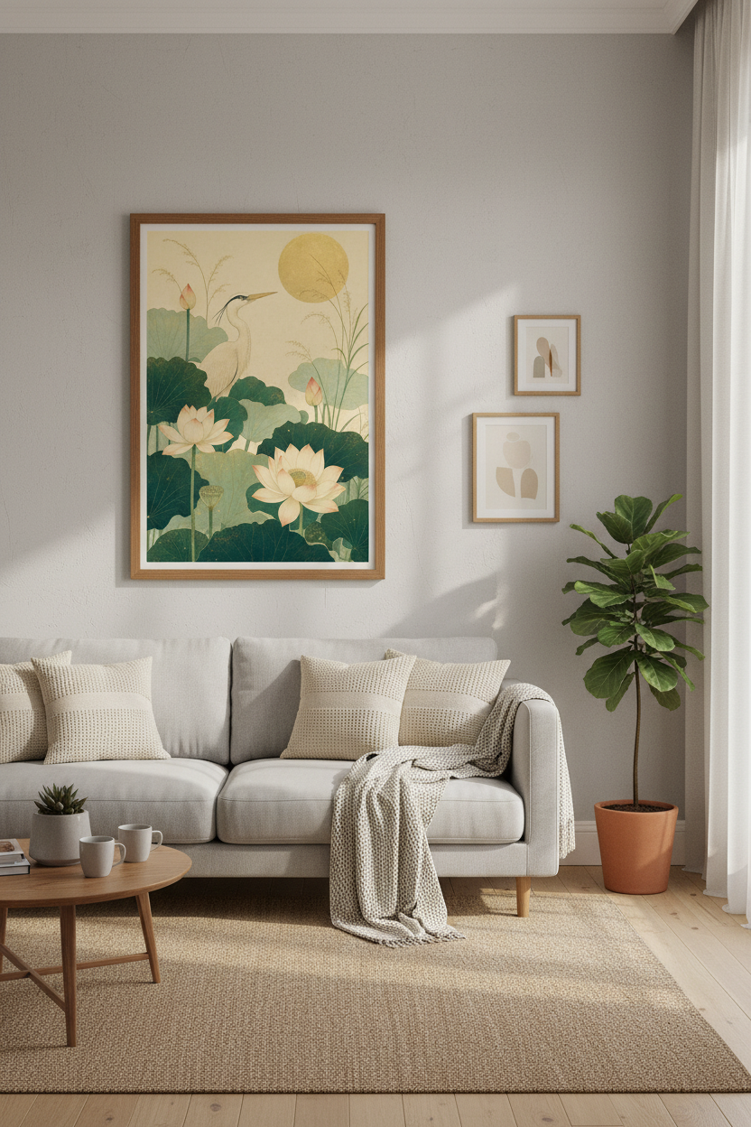 Japanese Heron &amp; Lotus Wall Art Print | Zen Gold Sun Decor | Vintage Asian Poster