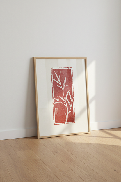 Japanese Bamboo Art Print | Minimalist Red Zen Poster, Japandi Wall Decor