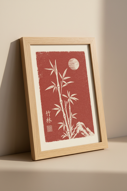 Japanese Bamboo Wall Art Print | Red Zen Forest Decor | Asian Minimalist Poster
