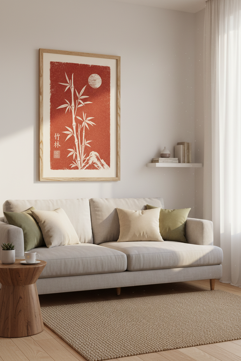 Japanese Bamboo Wall Art Print | Red Zen Forest Decor | Asian Minimalist Poster