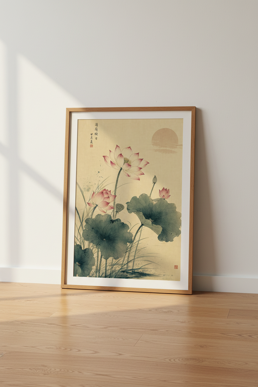 Japanese Lotus Art Print | Vintage Zen Floral Wall Decor | Pink Botanical Poster