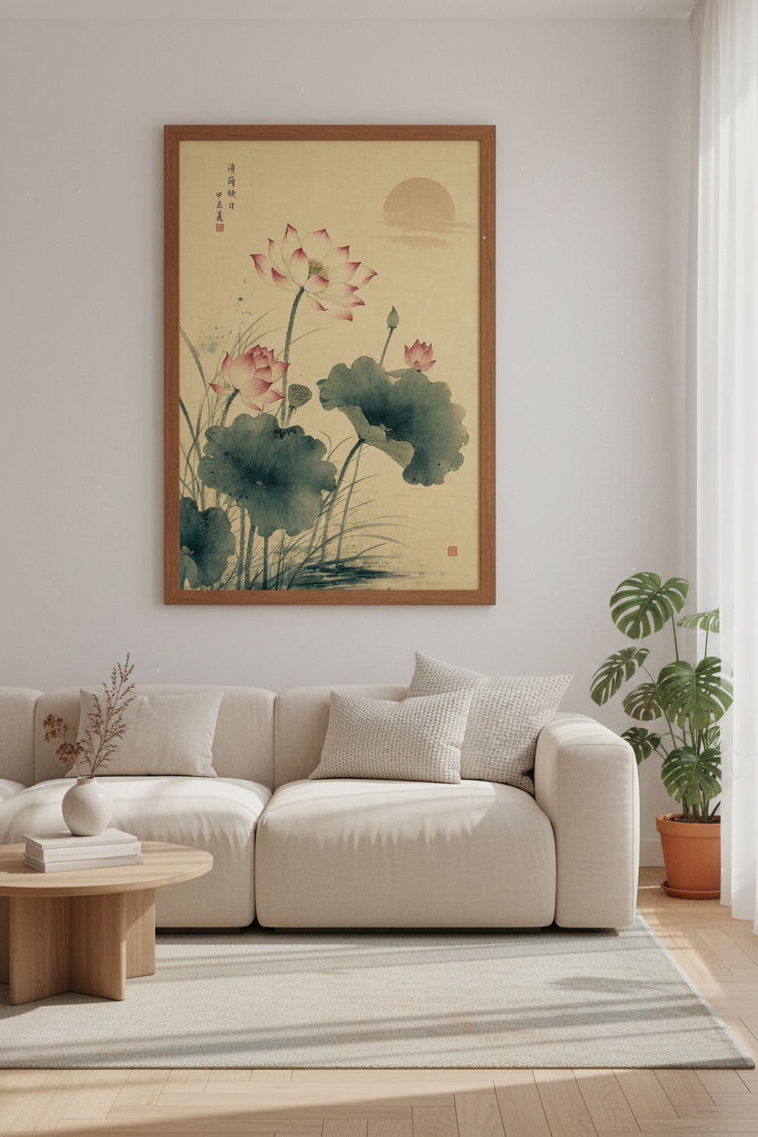 Japanese Lotus Art Print | Vintage Zen Floral Wall Decor | Pink Botanical Poster